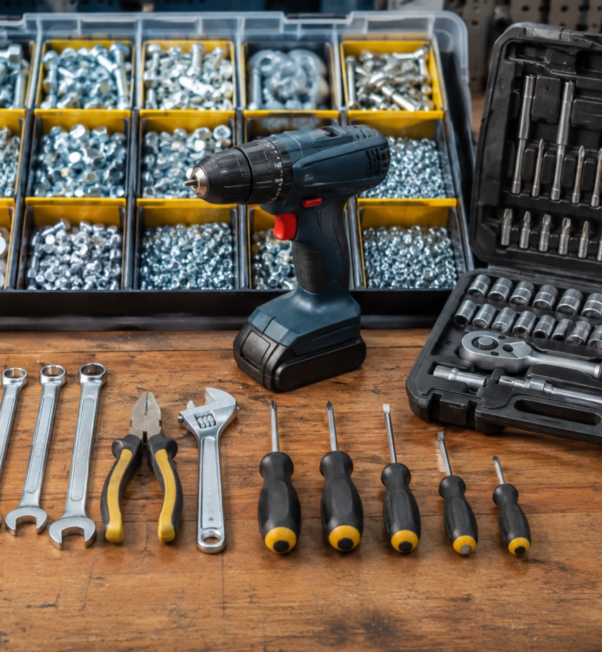 Hand tools, power tools and organized metal fasteners