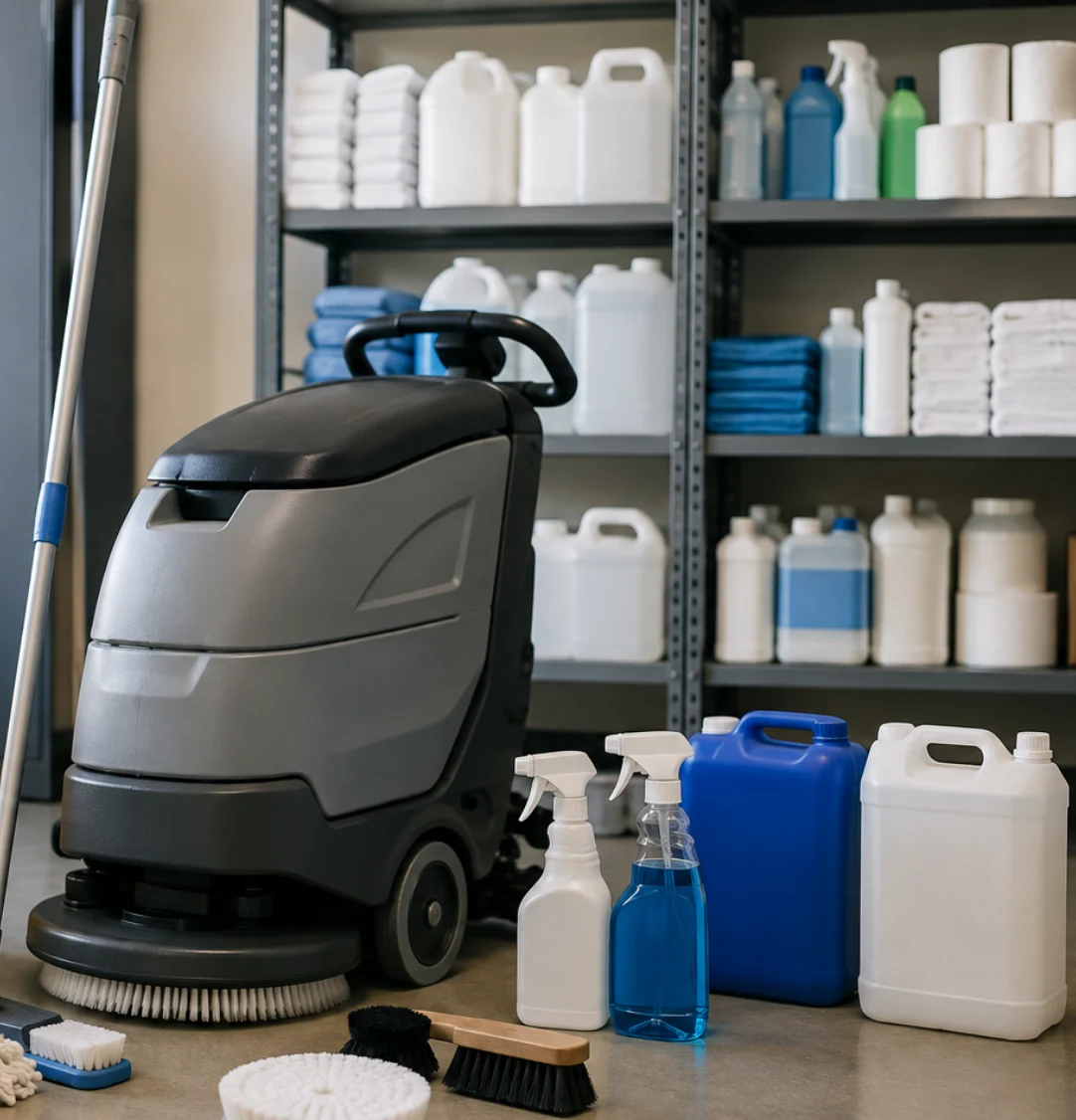 Cleaning refills and hygiene consumables organized on supply shelves