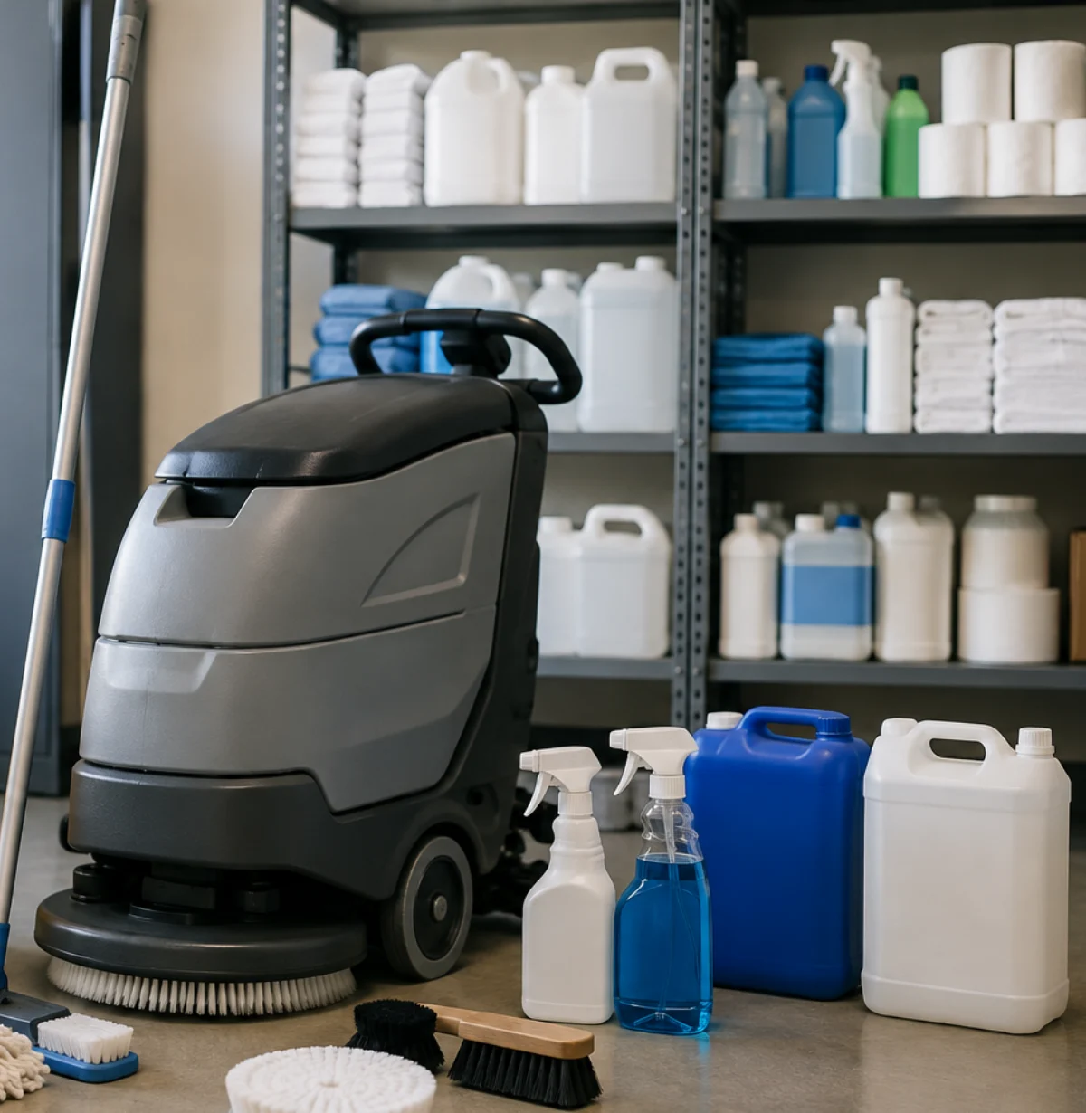 Cleaning refills and hygiene consumables organized on supply shelves