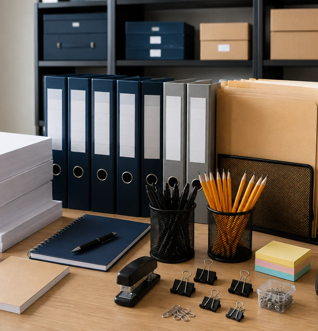 Paper, files, pens and organized office stationery