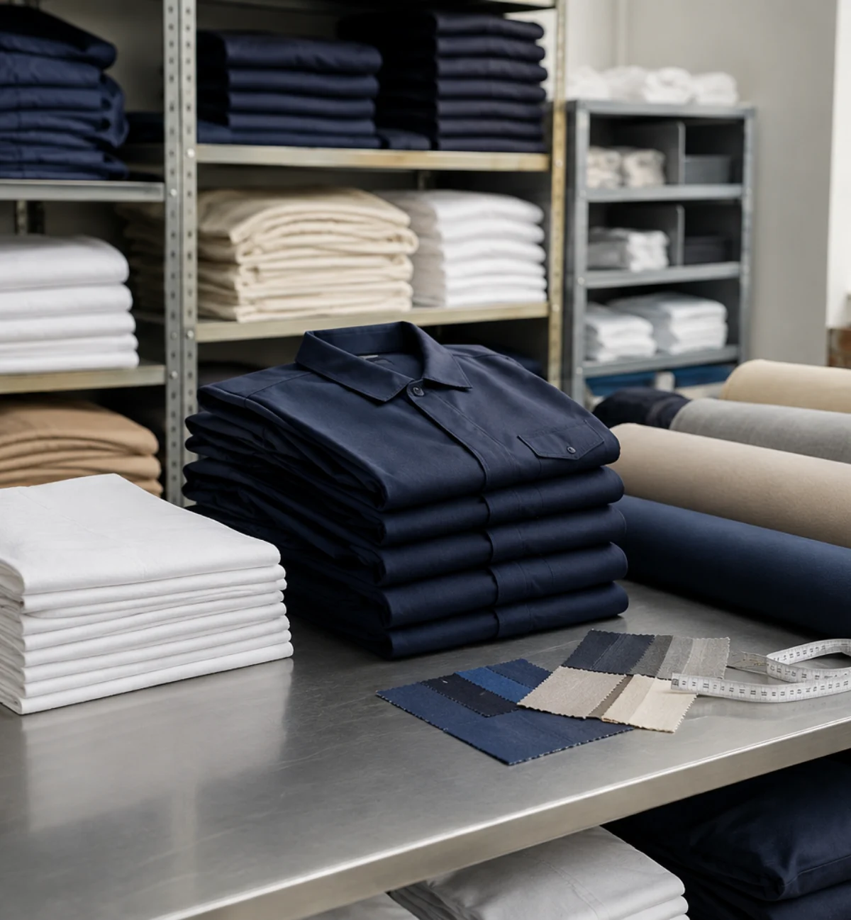 Fabric rolls, folded uniforms and institutional linen